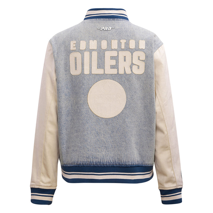 Edmonton Oilers Women's Pro Standard Blue & Cream Varsity Blues Denim Jacket