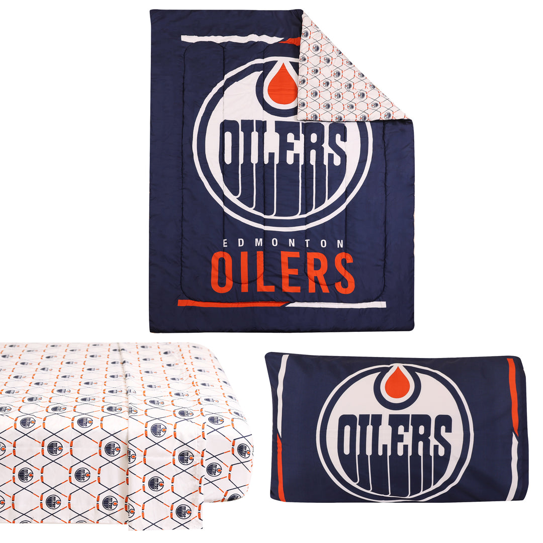 Edmonton Oilers Blue & White Home Logo Twin Bedding Set