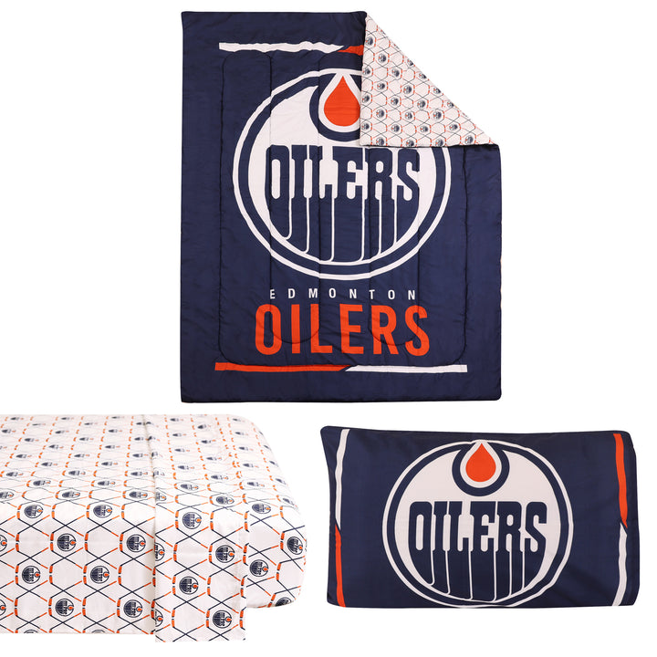 Edmonton Oilers Blue & White Home Logo Twin Bedding Set
