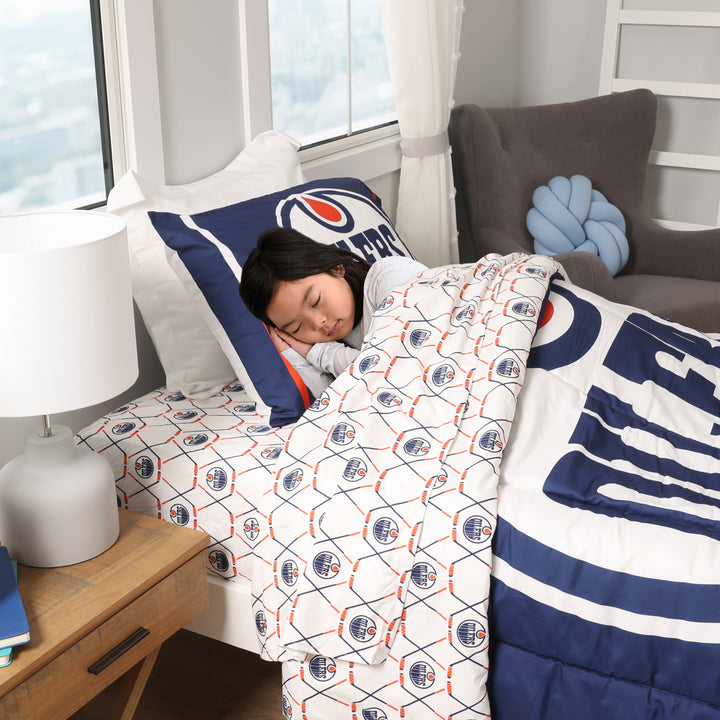 Edmonton Oilers Blue & White Home Logo Twin Bedding Set