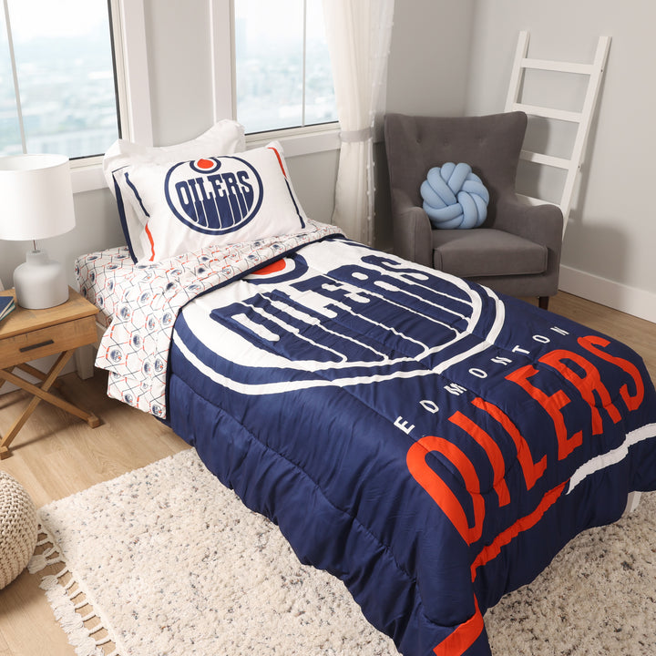 Edmonton Oilers Blue & White Home Logo Twin Bedding Set