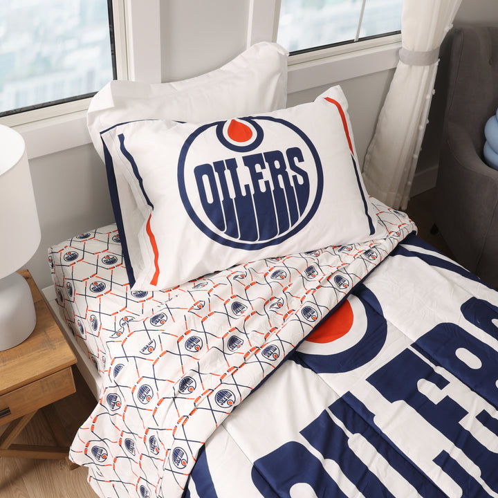 Edmonton Oilers Blue & White Home Logo Twin Bedding Set