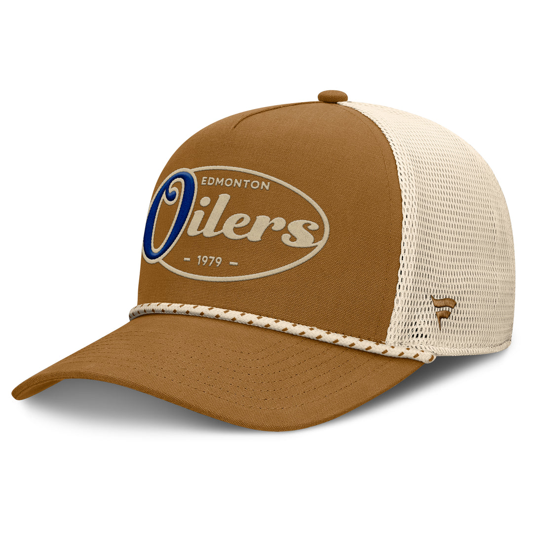 Edmonton Oilers Fanatics Brown Fetch Pinch Panel A-Frame Mesh Snapback Hat