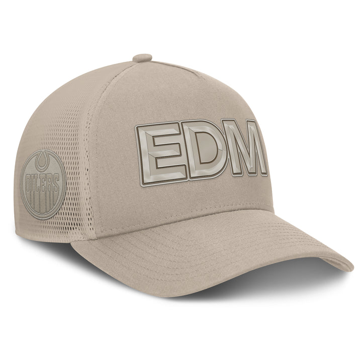 Edmonton Oilers Fanatics Cream 2025-26 Authentic Pro Road 3 A-Frame Mesh Snapback Hat