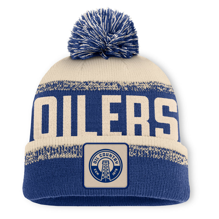 Edmonton Oilers Fanatics Cream & Blue Thrive Cuffed Alternate Logo Toque w/Pom