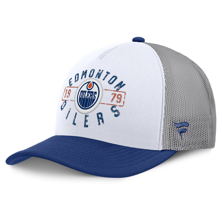 Edmonton Oilers Fanatics White & Blue Division Pinch Panel A-Frame Mesh Snapback Hat