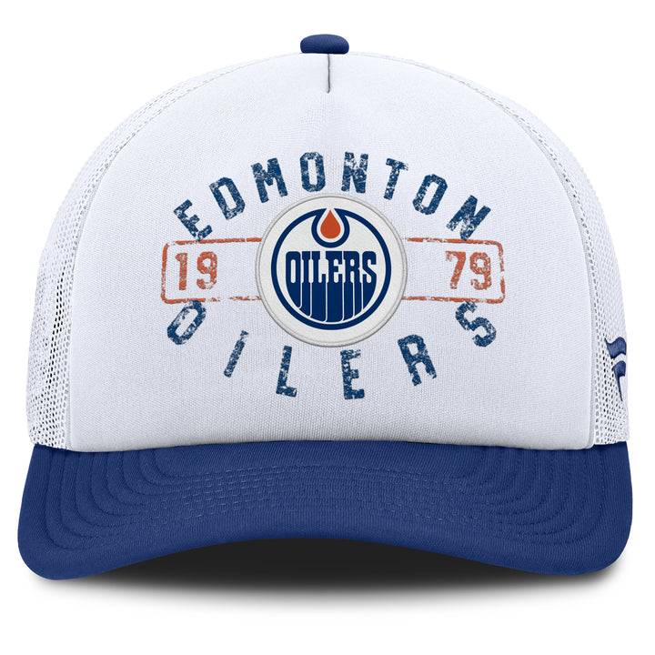 Edmonton Oilers Fanatics White & Blue Division Pinch Panel A-Frame Mesh Snapback Hat