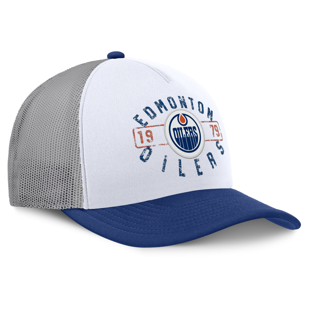 Edmonton Oilers Fanatics White & Blue Division Pinch Panel A-Frame Mesh Snapback Hat