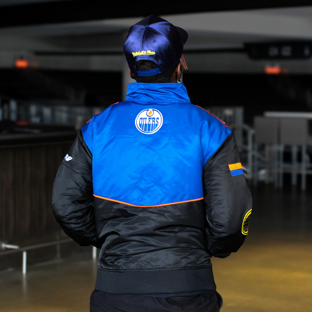 Edmonton Oilers Mitchell & Ness Blue & Black Driver Seat Racing Jacket