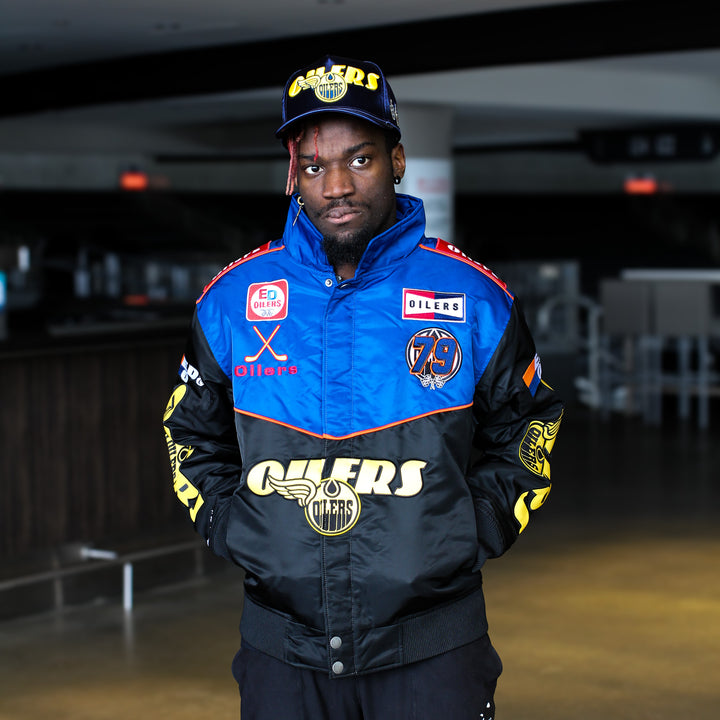 Edmonton Oilers Mitchell & Ness Blue & Black Driver Seat Racing Jacket