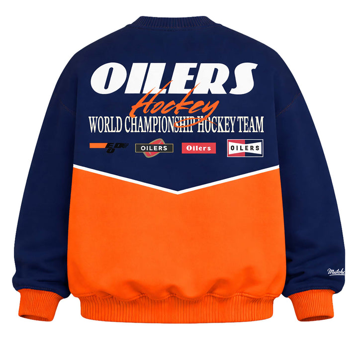 Edmonton Oilers Mitchell & Ness Navy & Orange Racing Boxy Crewneck Sweatshirt