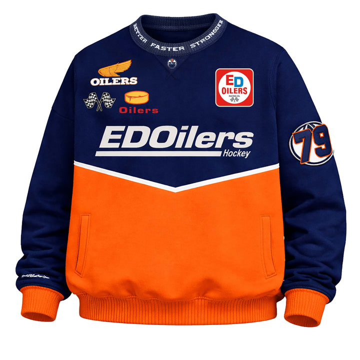 Edmonton Oilers Mitchell & Ness Navy & Orange Racing Boxy Crewneck Sweatshirt