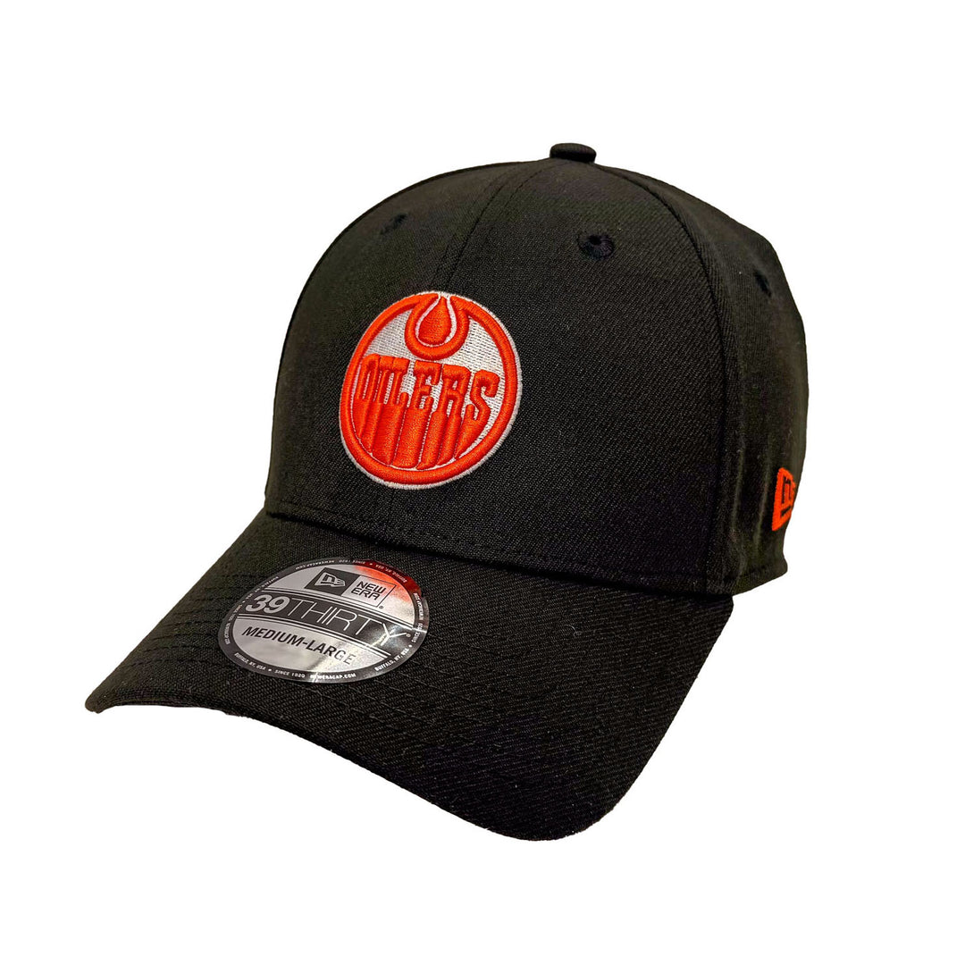 Edmonton Oilers New Era Black 39THIRTY Flex Hat - Orange/White Logo