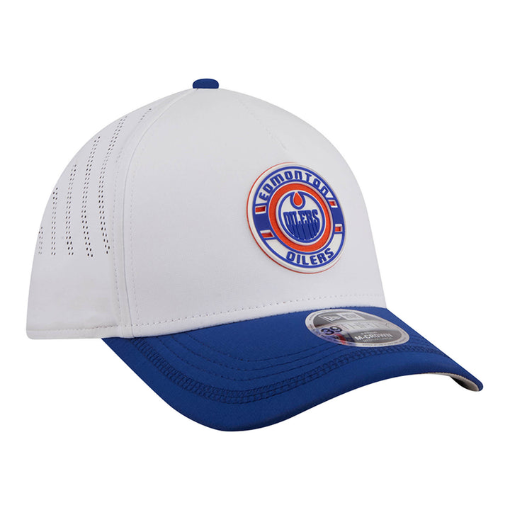 Edmonton Oilers New Era White & Blue Patch 39THIRTY M-Crown Flex Hat