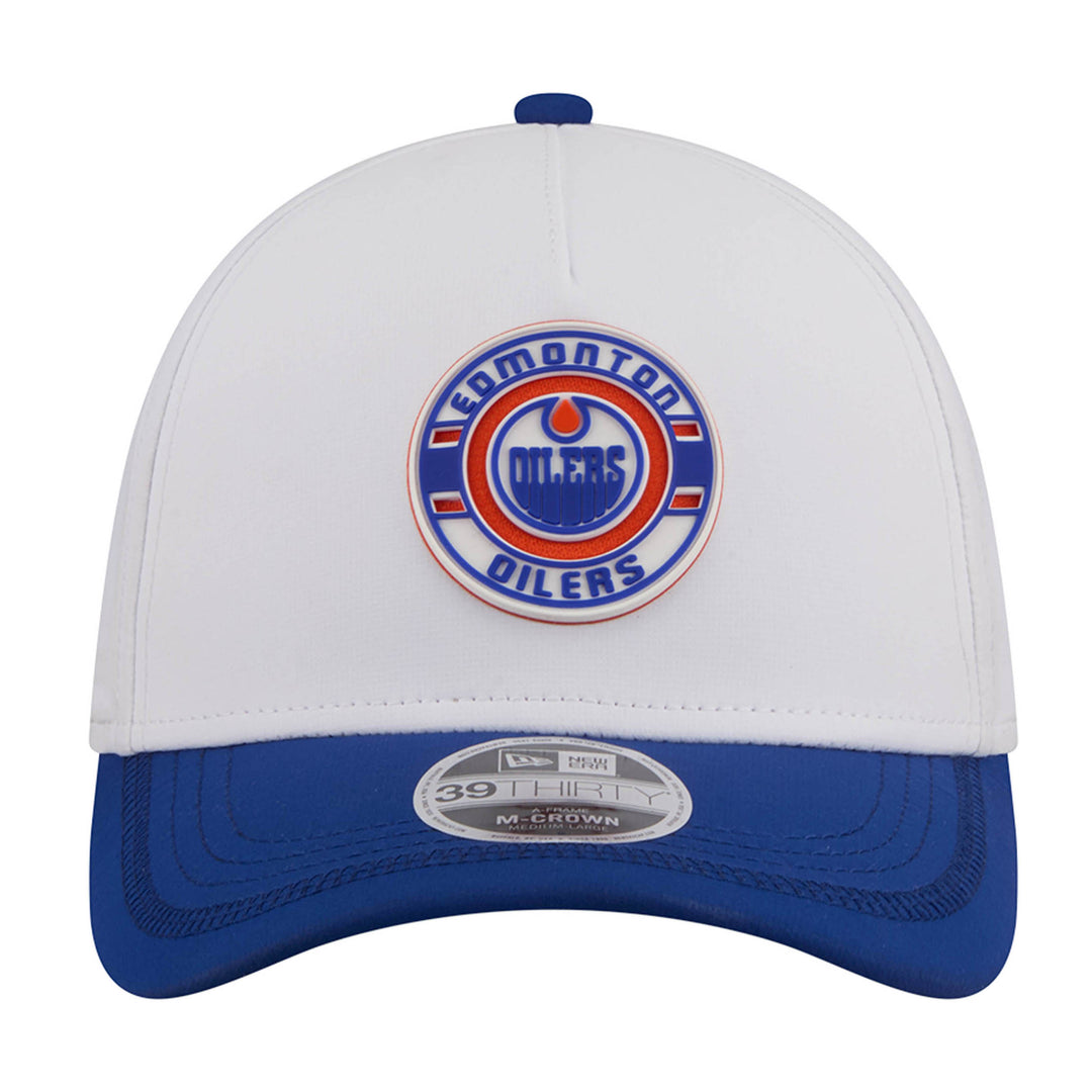 Edmonton Oilers New Era White & Blue Patch 39THIRTY M-Crown Flex Hat