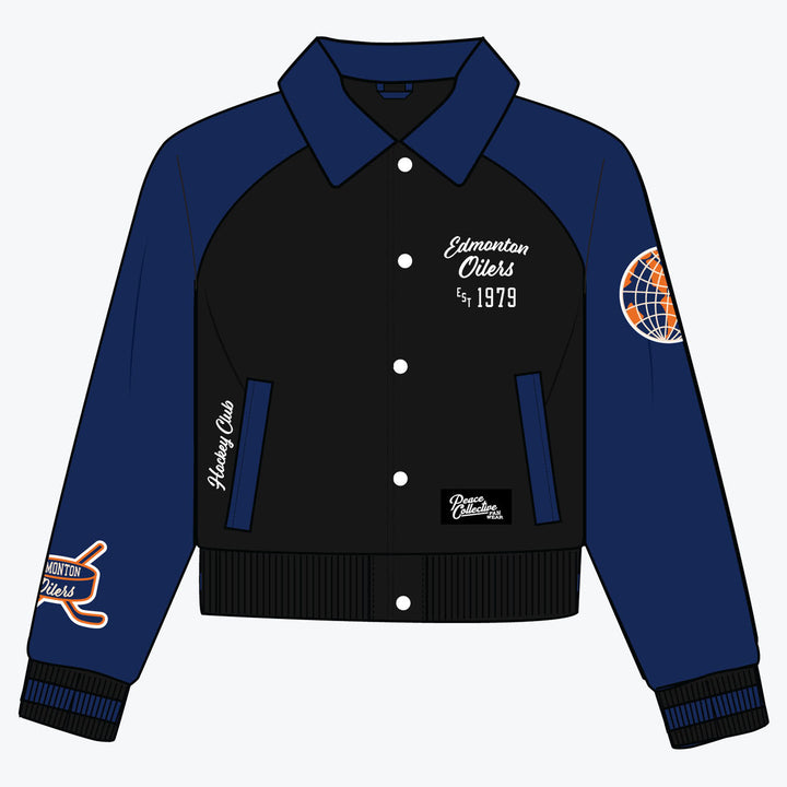 Edmonton Oilers Women's Peace Collective Black & Blue Cropped Varsity Jacket