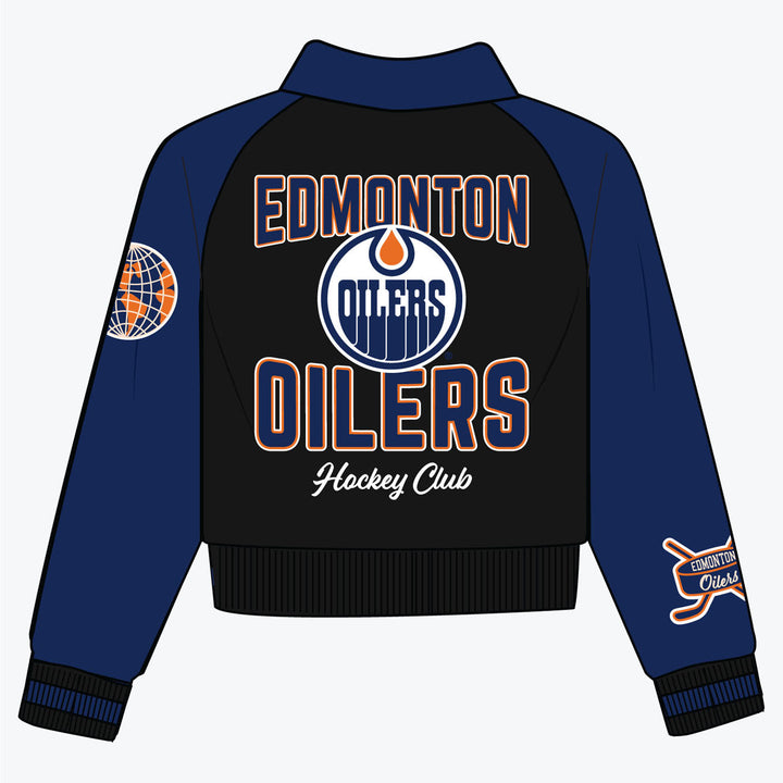 Edmonton Oilers Women's Peace Collective Black & Blue Cropped Varsity Jacket