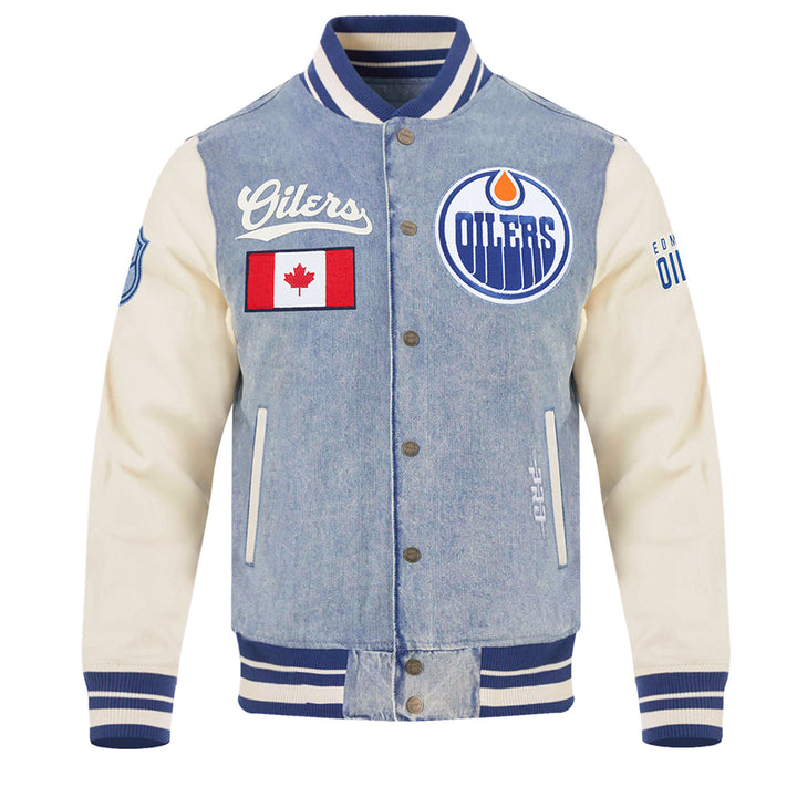 Edmonton Oilers Pro Standard Allegiance Blue & Cream Denim Varsity Jacket