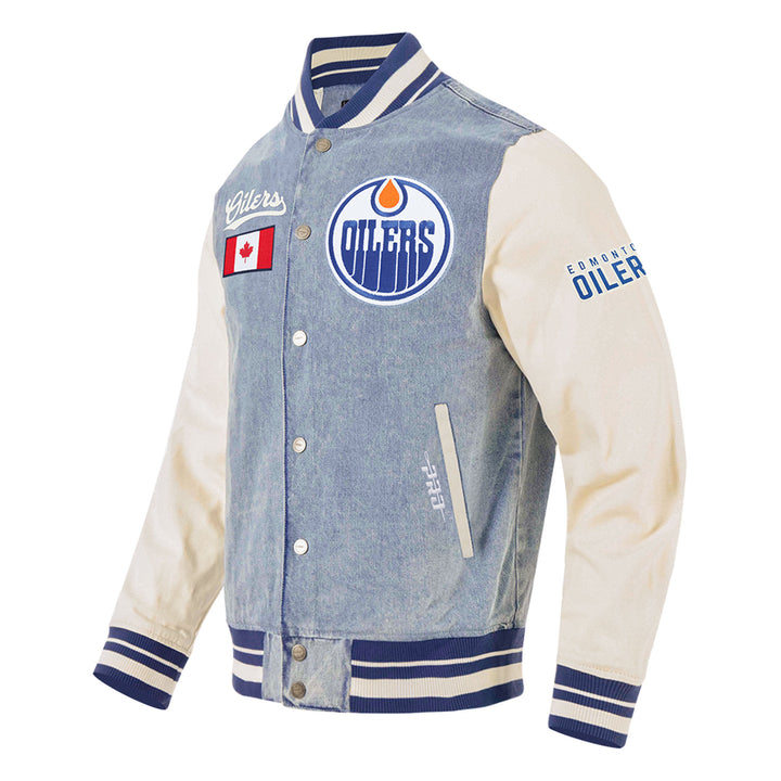 Edmonton Oilers Pro Standard Allegiance Blue & Cream Denim Varsity Jacket