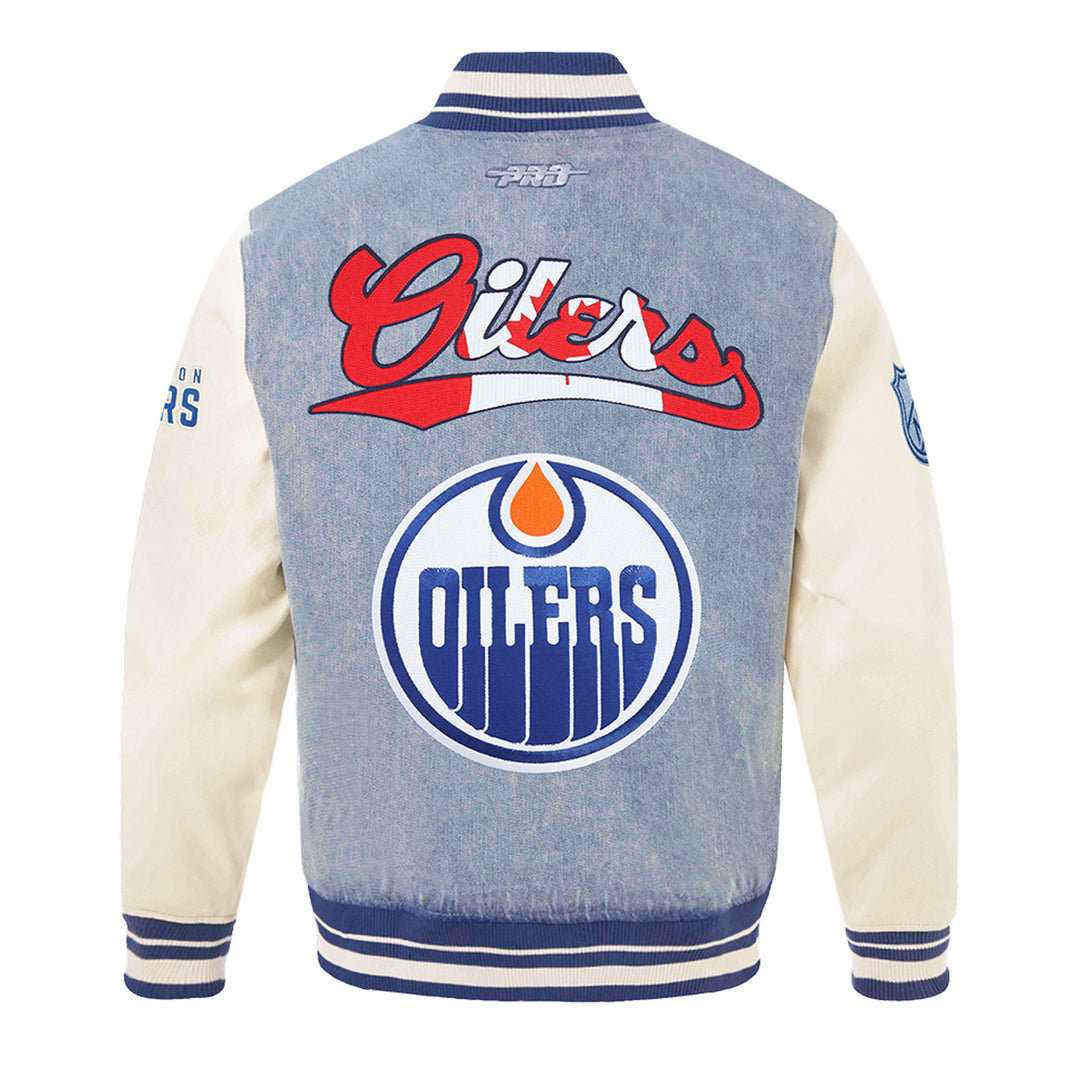 Edmonton Oilers Pro Standard Allegiance Blue & Cream Denim Varsity Jacket