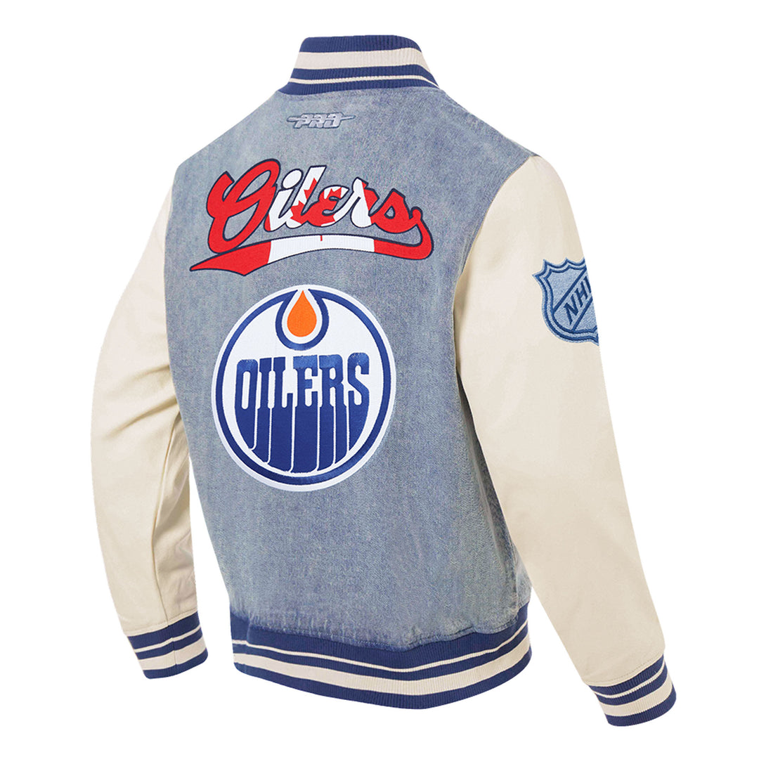 Edmonton Oilers Pro Standard Allegiance Blue & Cream Denim Varsity Jacket