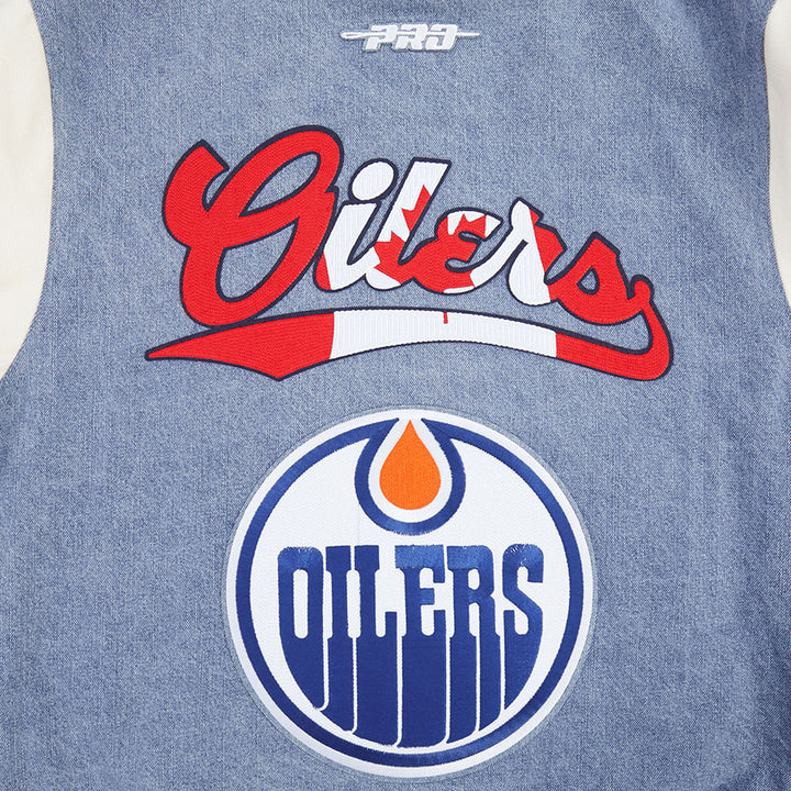 Edmonton Oilers Pro Standard Allegiance Blue & Cream Denim Varsity Jacket