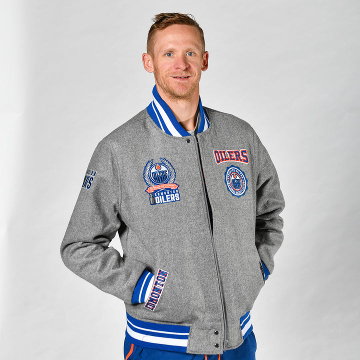 Edmonton Oilers Pro Standard Crest Emblem Heather Grey Wool Varsity Jacket