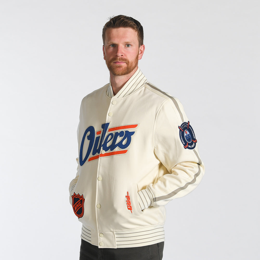 Edmonton Oilers Pro Standard Game Day Alternate Logo Cream Bomber Jacket