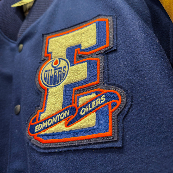 Edmonton Oilers Roots Navy & Brown Award Classic Varsity Jacket