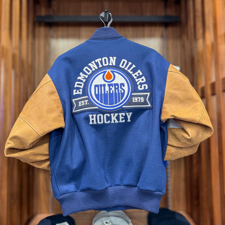 Edmonton Oilers Roots Navy & Brown Award Classic Varsity Jacket