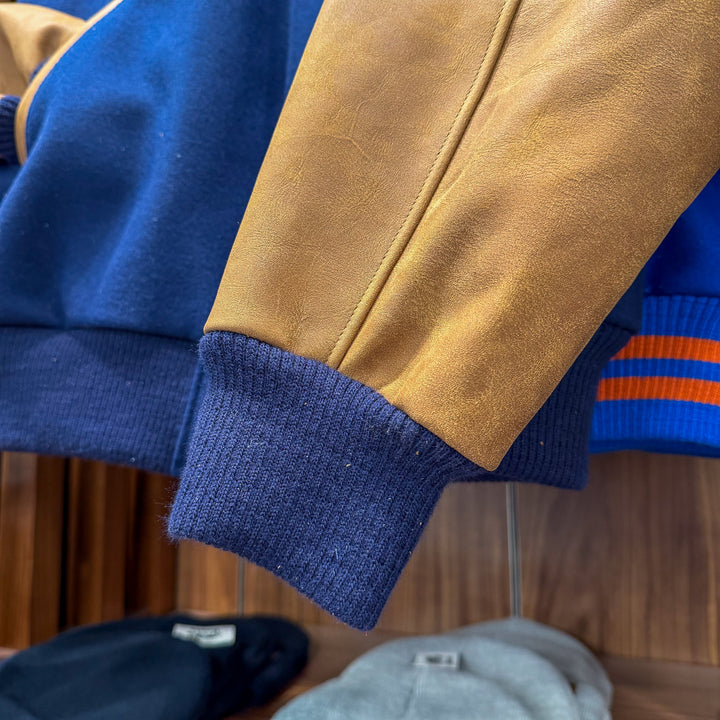 Edmonton Oilers Roots Navy & Brown Award Classic Varsity Jacket