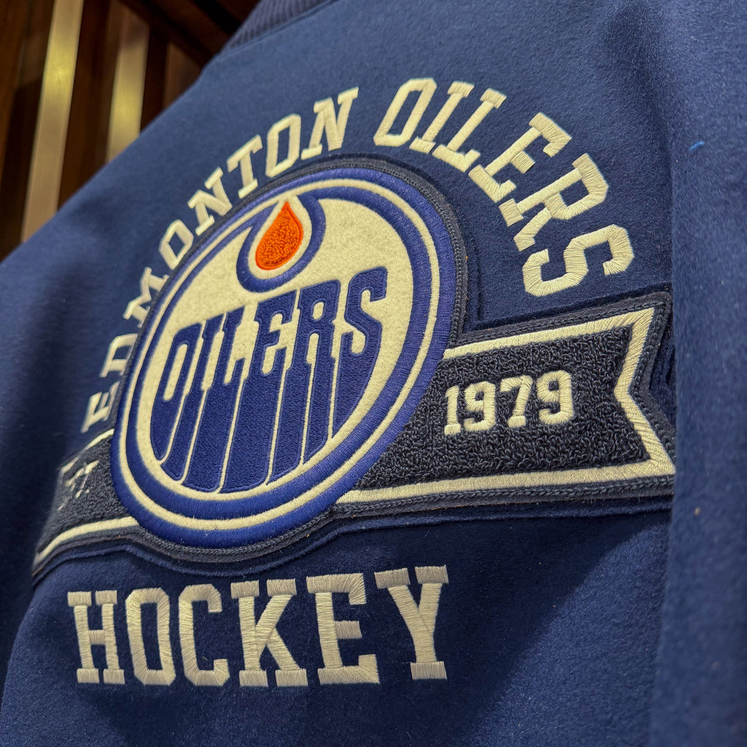 Edmonton Oilers Roots Navy & Brown Award Classic Varsity Jacket
