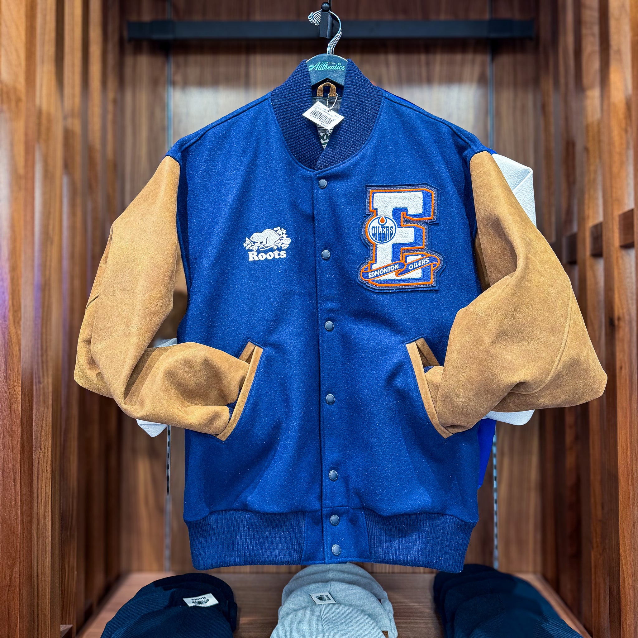 Edmonton Oilers Roots Navy & Brown Award Classic Varsity Jacket