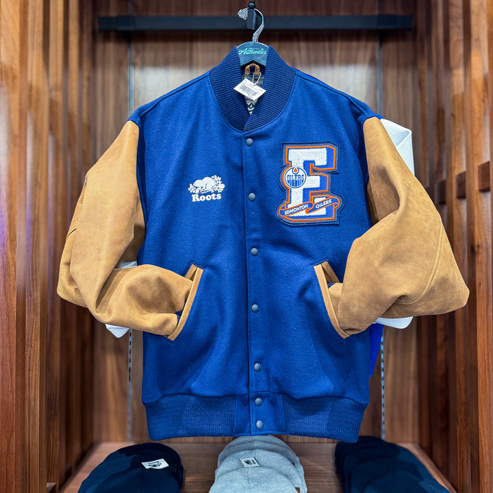 Edmonton Oilers Roots Navy & Brown Award Classic Varsity Jacket
