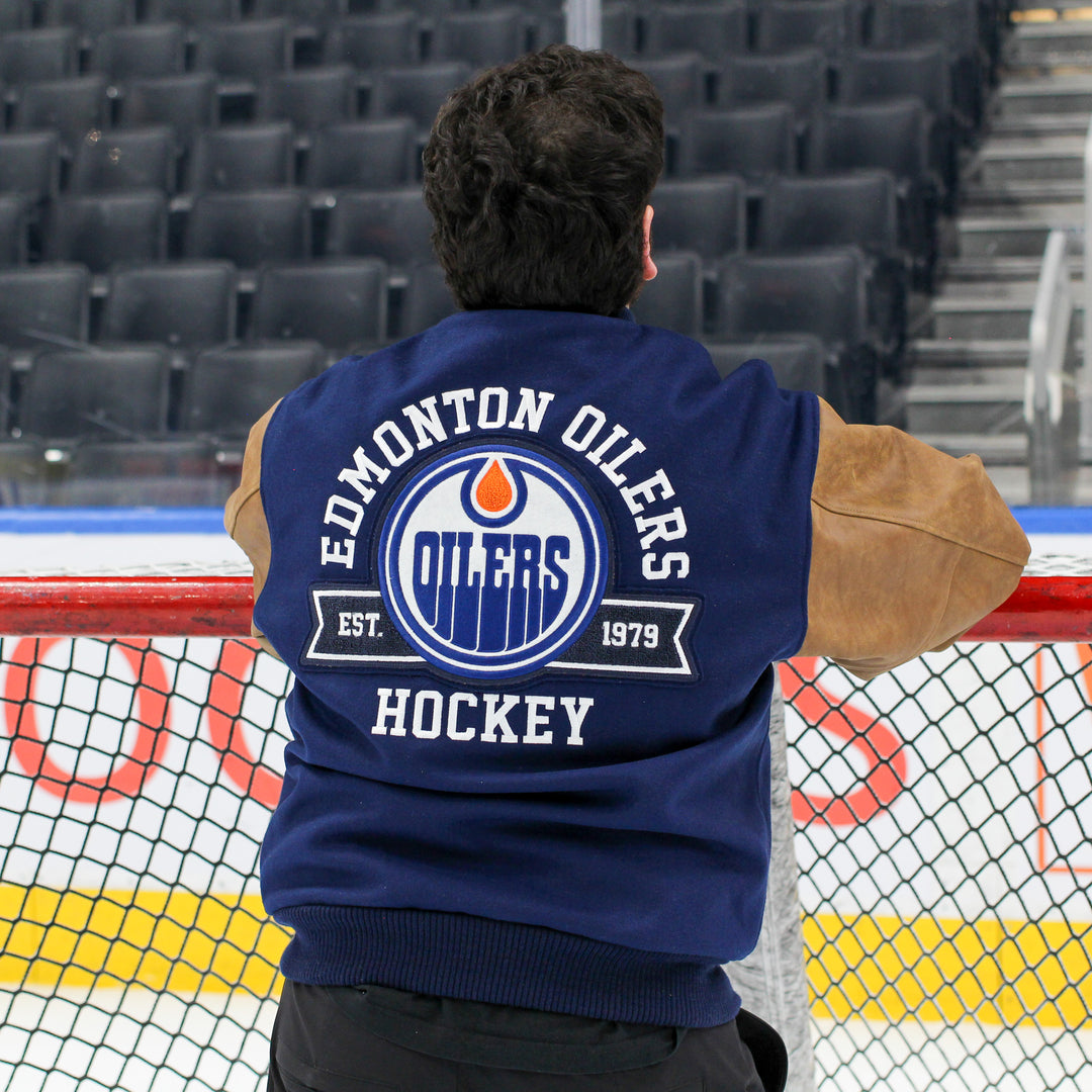 Edmonton Oilers Roots Navy & Brown Award Classic Varsity Jacket