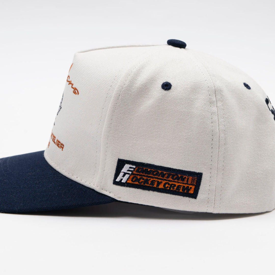 Edmonton Oilers Sports Club Atelier by Lauren McDavid Cream & Navy Oil Crew Racer Trucker Snapback Hat
