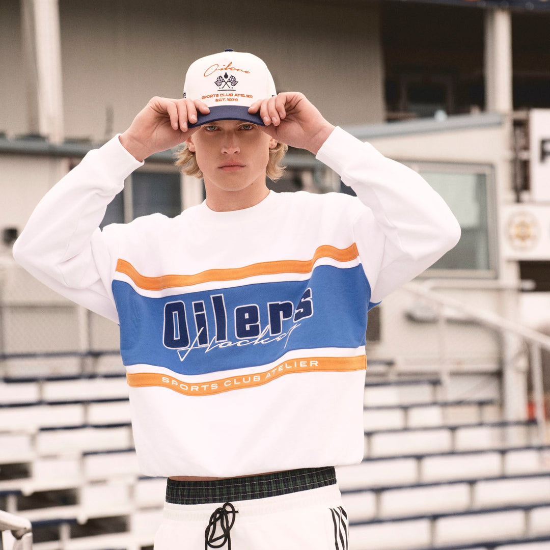 Edmonton Oilers Sports Club Atelier by Lauren McDavid Cream & Navy Oil Crew Racer Trucker Snapback Hat