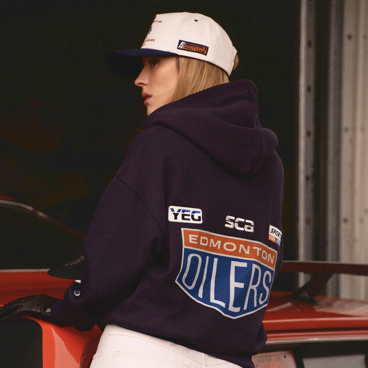 Edmonton Oilers Sports Club Atelier by Lauren McDavid Cream & Navy Oil Crew Racer Trucker Snapback Hat