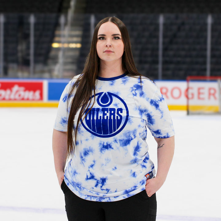 Edmonton Oilers Unisex Authentics Blue & White Flocking Tie Dye T-Shirt