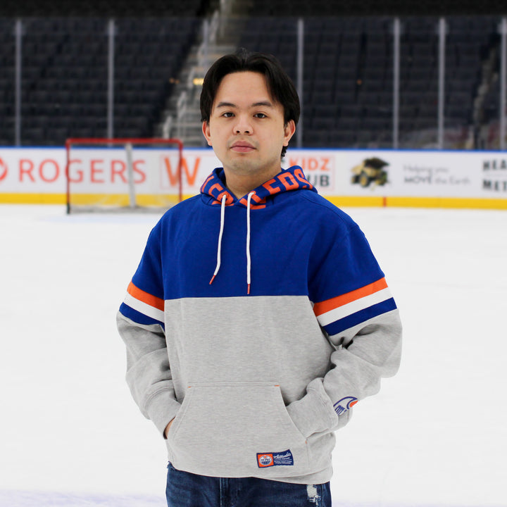 Edmonton Oilers Unisex Authentics Grey & Blue Multi Print Color Blocked Hoodie