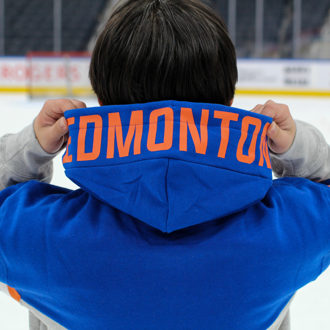 Edmonton Oilers Unisex Authentics Grey & Blue Multi Print Color Blocked Hoodie