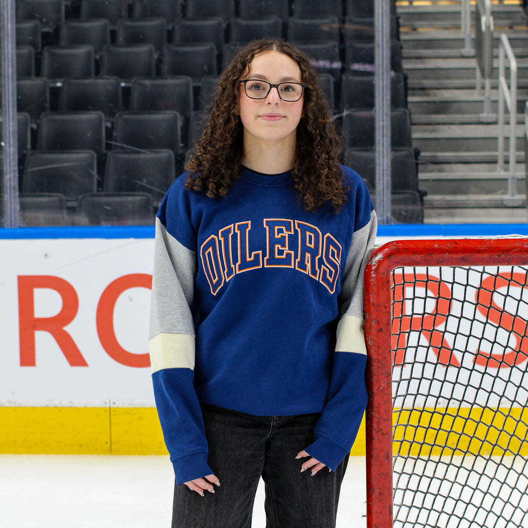 Edmonton Oilers Unisex Authentics Navy & Grey Block Relaxed Crewneck Sweatshirt