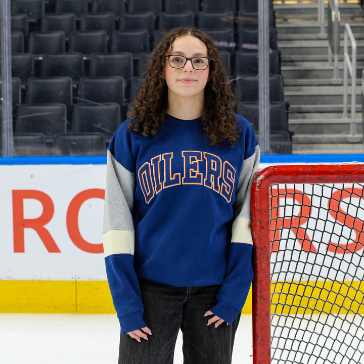 Edmonton Oilers Unisex Authentics Navy & Grey Block Relaxed Crewneck Sweatshirt