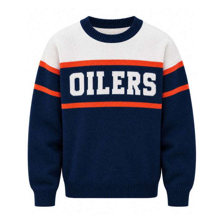 Edmonton Oilers Unisex Line Change Navy & White Knit Crewneck Sweater