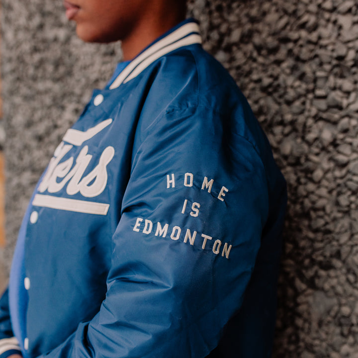 Edmonton Oilers Unisex Peace Collective Blue Vintage Bomber Jacket