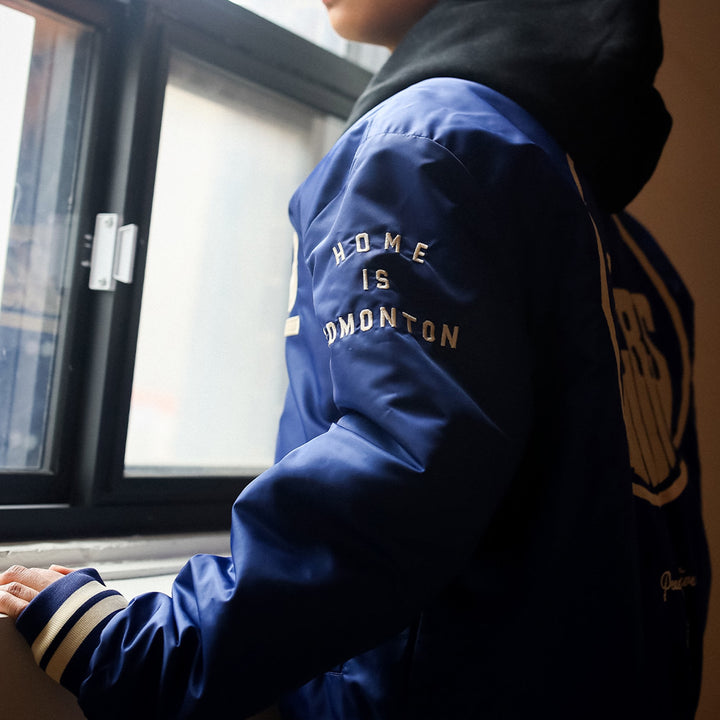 Edmonton Oilers Unisex Peace Collective Blue Vintage Bomber Jacket