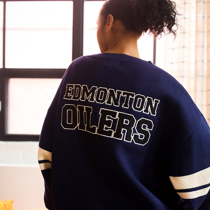 Edmonton Oilers Unisex Peace Collective Navy Collegiate Knit Cardigan Sweater