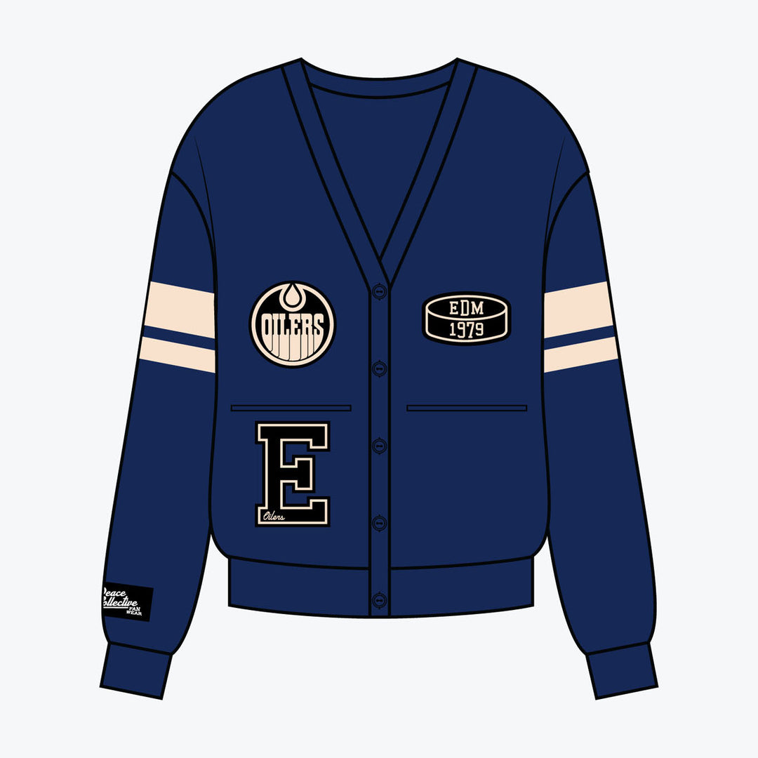 Edmonton Oilers Unisex Peace Collective Navy Collegiate Knit Cardigan Sweater
