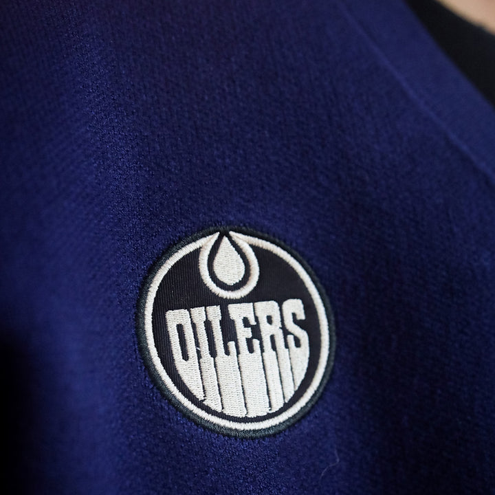 Edmonton Oilers Unisex Peace Collective Navy Collegiate Knit Cardigan Sweater