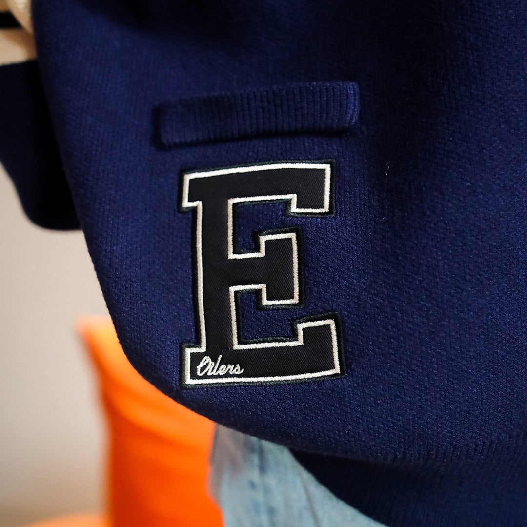 Edmonton Oilers Unisex Peace Collective Navy Collegiate Knit Cardigan Sweater